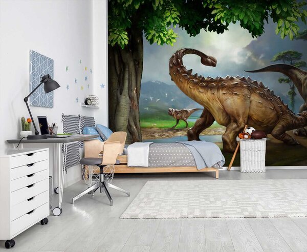 Fototapet Pictură de dinozauri lângă un râu, Fototapet animale, Fototapet populare, u28674 - Tapeko.ro