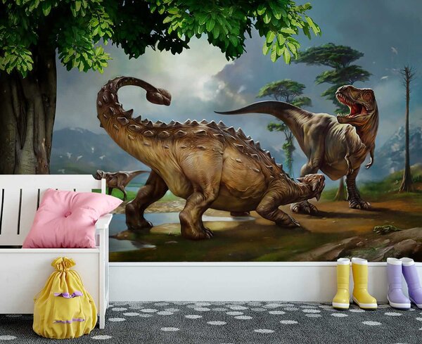 Fototapet Pictură de dinozauri lângă un râu, Fototapet animale, Fototapet populare, u28674 - Tapeko.ro