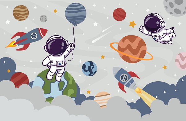 Fototapet Desen animat astronaut în spațiu cu planete și rachetă zboară pe cer, Fototapet copii, Fototapet populare, u94476 - Tapeko.ro