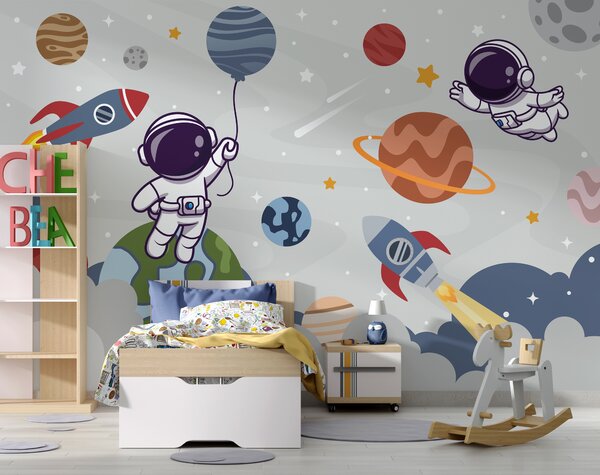 Fototapet Desen animat astronaut în spațiu cu planete și rachetă zboară pe cer, Fototapet copii, Fototapet populare, u94476 - Tapeko.ro