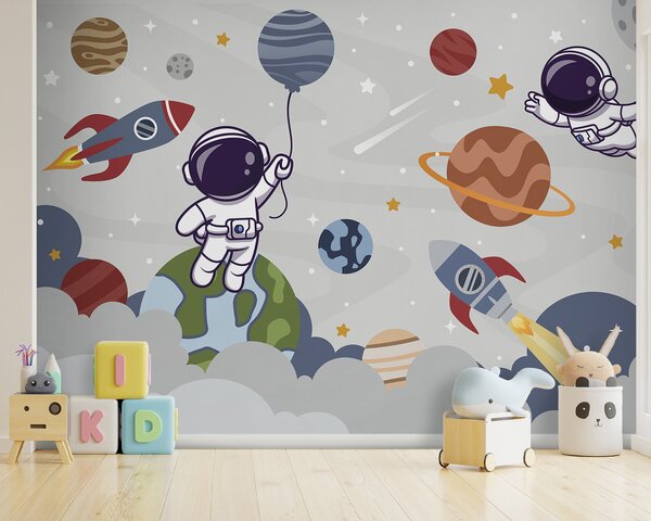 Fototapet Desen animat astronaut în spațiu cu planete și rachetă zboară pe cer, Fototapet copii, Fototapet populare, u94476 - Tapeko.ro