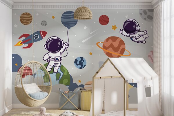 Fototapet Desen animat astronaut în spațiu cu planete și rachetă zboară pe cer, Fototapet copii, Fototapet populare, u94476 - Tapeko.ro