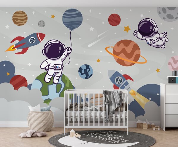 Fototapet Desen animat astronaut în spațiu cu planete și rachetă zboară pe cer, Fototapet copii, Fototapet populare, u94476 - Tapeko.ro