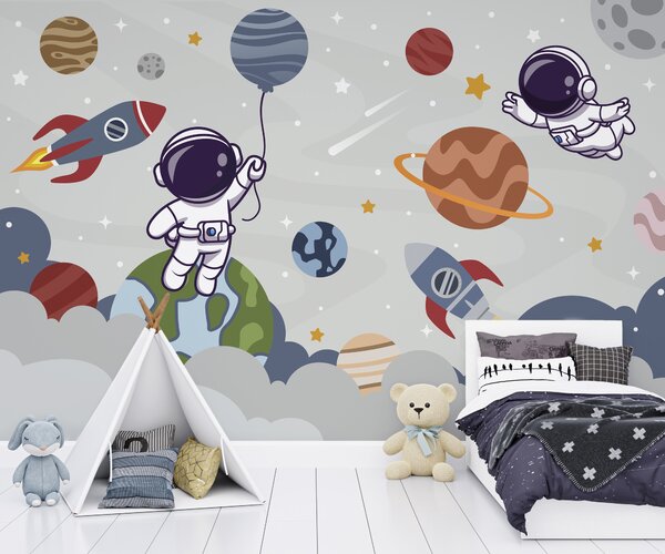 Fototapet Desen animat astronaut în spațiu cu planete și rachetă zboară pe cer, Fototapet copii, Fototapet populare, u94476 - Tapeko.ro