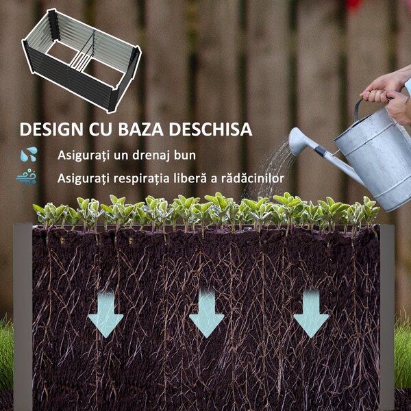 Outsunny Set de 2 Straturi Înălțate Galvanizate pentru Grădină cu Parte Inferioară Deschisă, 120x60x60 cm, Gri Închis | Aosom Romania
