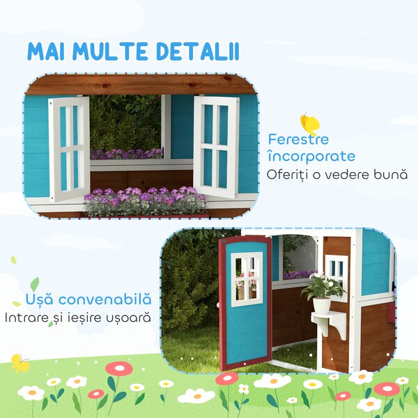 Outsunny Casuta de Joaca din Lemn pentru Copii pentru Exterior si Interior, Casa Wendy din Lemn cu Usi, Ferestre, Ghivece, Maro Inchis