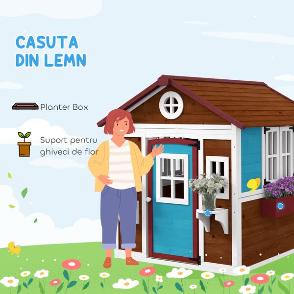 Outsunny Casuta de Joaca din Lemn pentru Copii pentru Exterior si Interior, Casa Wendy din Lemn cu Usi, Ferestre, Ghivece, Maro Inchis