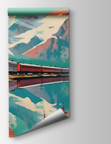 Fototapet Tren pe șine lângă un lac, Fototapet munți, Fototapet populare, u94759 - Tapeko.ro