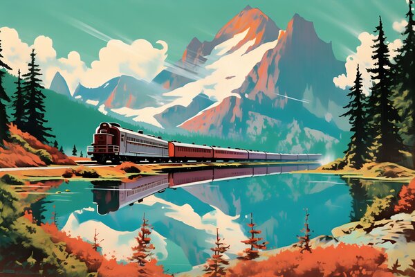 Fototapet Tren pe șine lângă un lac, Fototapet munți, Fototapet populare, u94759 - Tapeko.ro