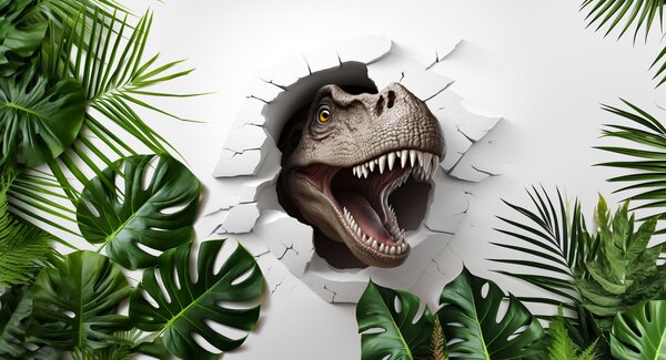 Fototapet Cap de dinozaur care iese dintr-o gaură în perete, Fototapet 3D, Fototapet populare, u94772 - Tapeko.ro