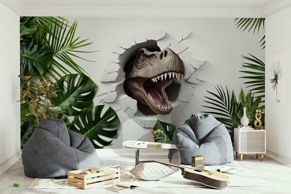 Fototapet Cap de dinozaur care iese dintr-o gaură în perete, Fototapet 3D, Fototapet populare, u94772 - Tapeko.ro