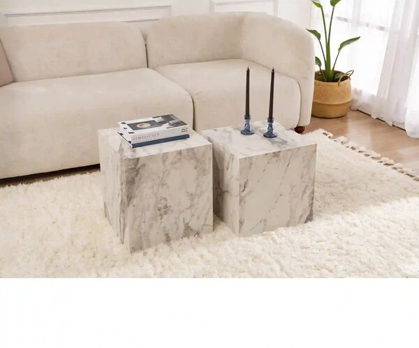 Set 2 masute cafea KUP, alb cu efect de marmura, 40x40x40 cm