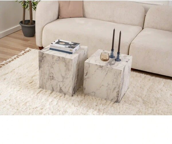Set 2 masute cafea KUP, alb cu efect de marmura, 40x40x40 cm