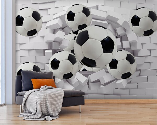 Fototapet Grup de mingi de fotbal care zboară peste un perete, Fototapet copii, Fototapet populare, u94958 - Tapeko.ro