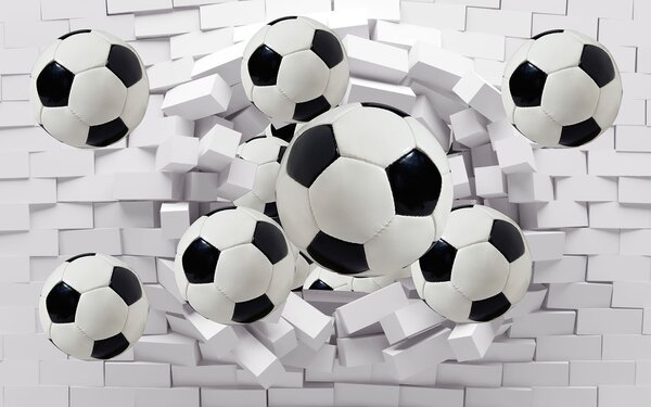 Fototapet Grup de mingi de fotbal care zboară peste un perete, Fototapet copii, Fototapet populare, u94958 - Tapeko.ro