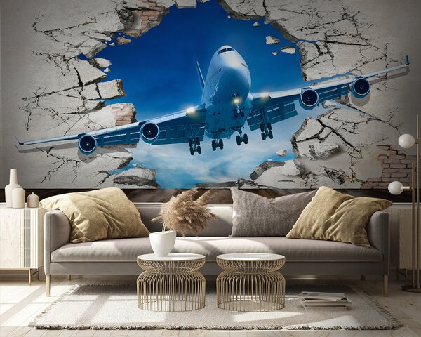 Fototapet Avion care trece printr-o gaură în perete, Fototapet designer, Fototapet populare, u94965 - Tapeko.ro