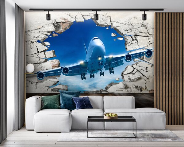 Fototapet Avion care trece printr-o gaură în perete, Fototapet designer, Fototapet populare, u94965 - Tapeko.ro