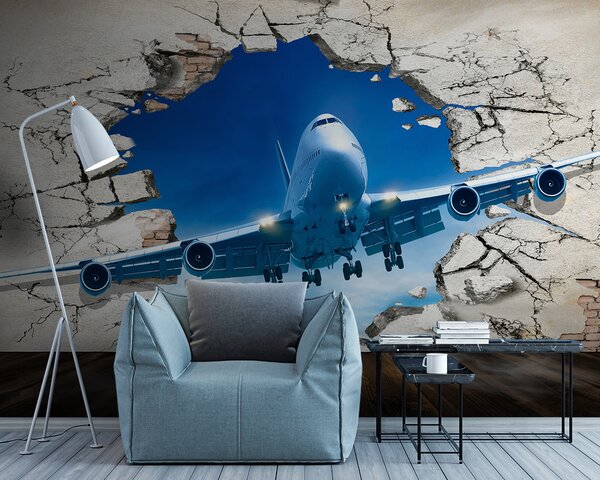 Fototapet Avion care trece printr-o gaură în perete, Fototapet designer, Fototapet populare, u94965 - Tapeko.ro