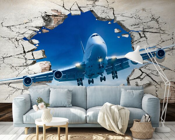Fototapet Avion care trece printr-o gaură în perete, Fototapet designer, Fototapet populare, u94965 - Tapeko.ro