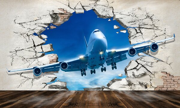 Fototapet Avion care trece printr-o gaură în perete, Fototapet designer, Fototapet populare, u94965 - Tapeko.ro