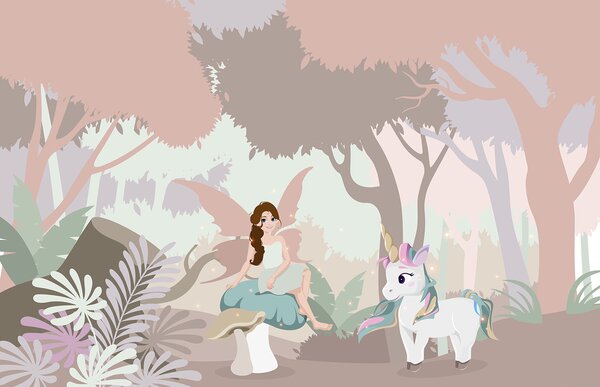 Fototapet Desen animat de o femeie care stă pe o ciupercă cu un unicorn, Fototapet copii, Fototapet populare, u95038 - Tapeko.ro