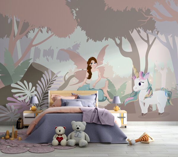 Fototapet Desen animat de o femeie care stă pe o ciupercă cu un unicorn, Fototapet copii, Fototapet populare, u95038 - Tapeko.ro
