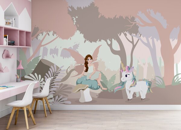 Fototapet Desen animat de o femeie care stă pe o ciupercă cu un unicorn, Fototapet copii, Fototapet populare, u95038 - Tapeko.ro
