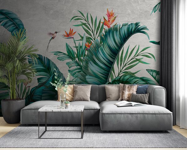 Fototapet Frunziș tropical cu flori vibrante, Fototapet jungle, Fototapet populare, u95153 - Tapeko.ro