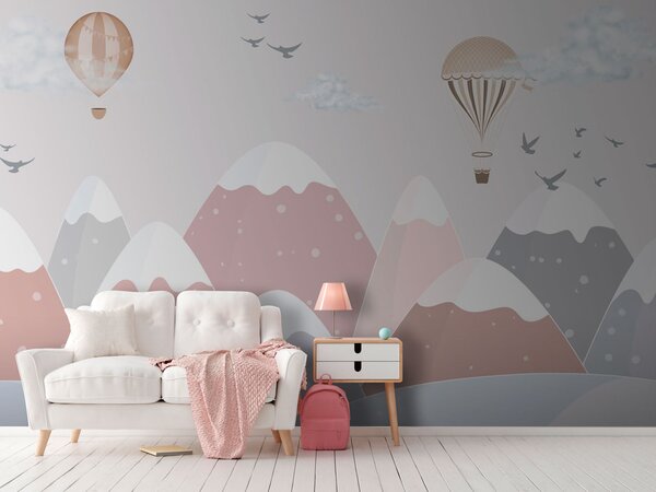 Fototapet Balon cu aer cald care zboară peste munți, Fototapet copii, Fototapet populare, u95232 - Tapeko.ro