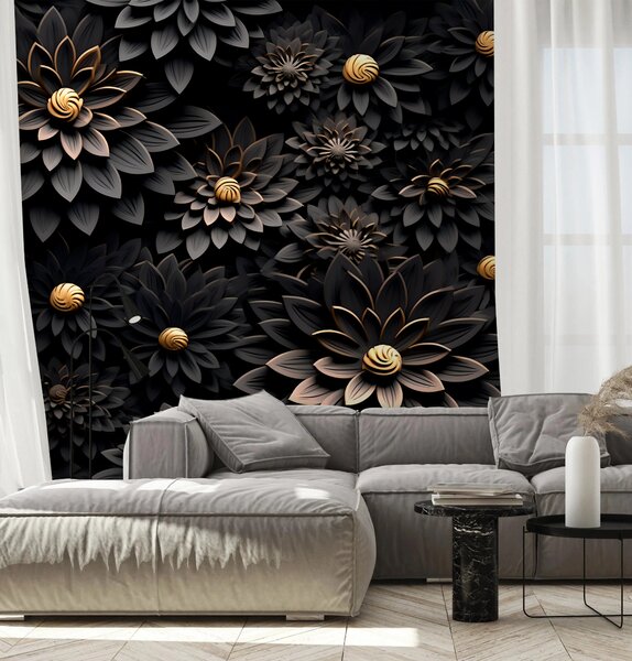 Fototapet Flori monocrome elegante cu centre metalice, Fototapet flori 3D, Fototapet populare, u95249 - Tapeko.ro