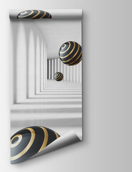 Fototapet Sferele cu dungi plutesc în coridorul alb, Fototapet 3D, Fototapet populare, u95356 - Tapeko.ro
