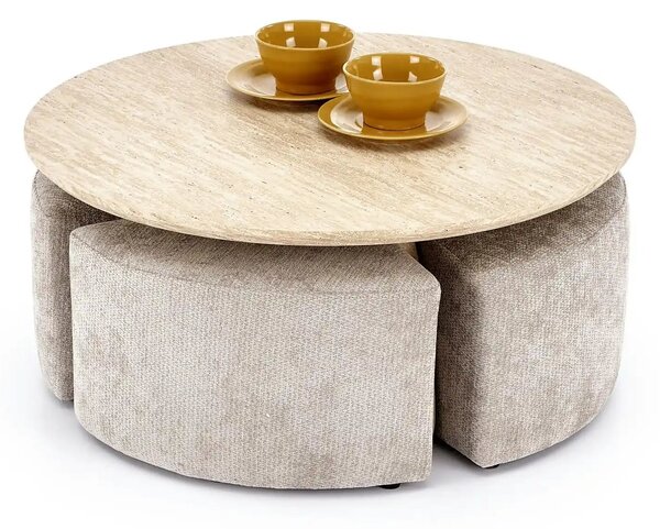 Set masuta cafea si 4 taburete NUGAT, bej cu efect de piatra travertin