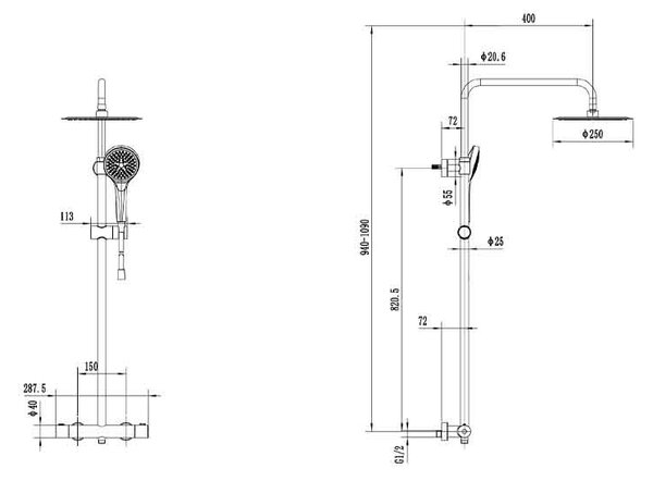 Coloană de duș cu termostat, Villeroy & Boch Verve Showers, auriu periat