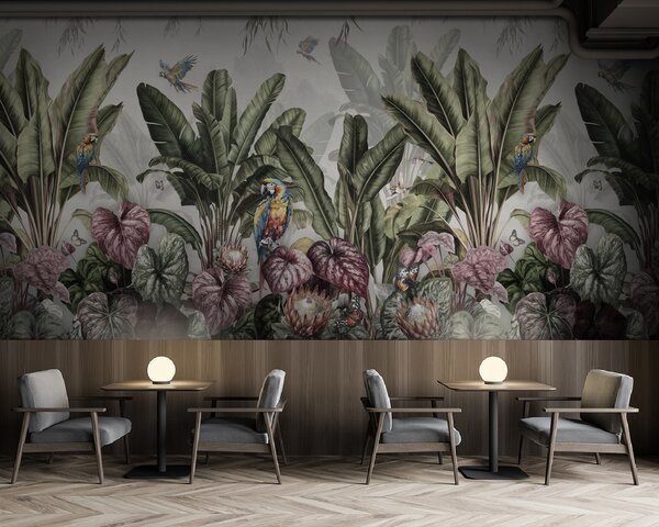 Fototapet Imagine de fundal cu plante tropicale și păsări, Fototapet flori, Fototapet populare, u95371 - Tapeko.ro