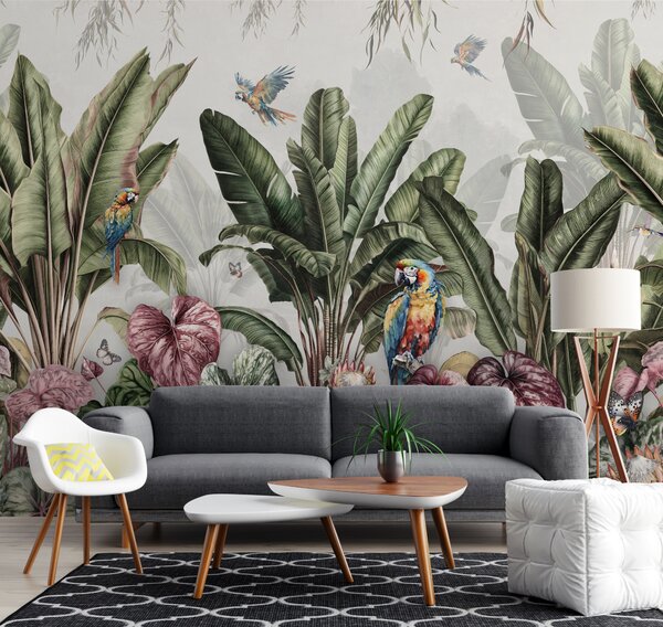 Fototapet Imagine de fundal cu plante tropicale și păsări, Fototapet flori, Fototapet populare, u95371 - Tapeko.ro