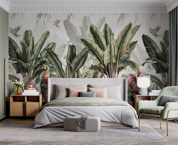 Fototapet Imagine de fundal cu plante tropicale și păsări, Fototapet flori, Fototapet populare, u95371 - Tapeko.ro