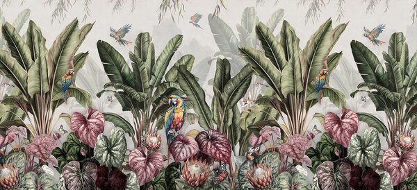 Fototapet Imagine de fundal cu plante tropicale și păsări, Fototapet flori, Fototapet populare, u95371 - Tapeko.ro