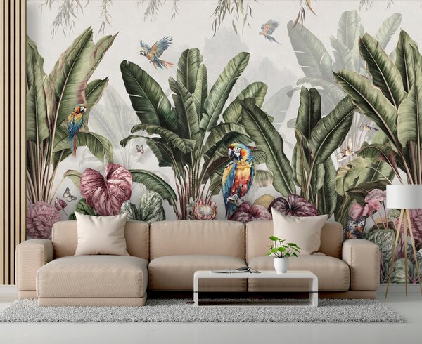Fototapet Imagine de fundal cu plante tropicale și păsări, Fototapet flori, Fototapet populare, u95371 - Tapeko.ro