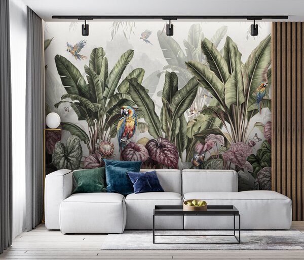 Fototapet Imagine de fundal cu plante tropicale și păsări, Fototapet flori, Fototapet populare, u95371 - Tapeko.ro