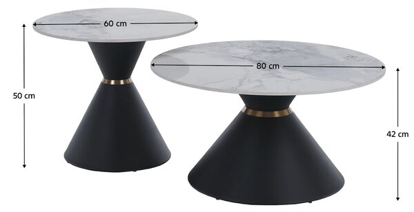 Set 2 masute cafea MABUZ NEW, alb cu efect de marmura/negru, piatra/me