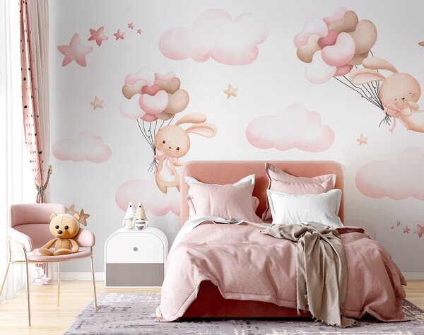 Fototapet Grup de nori roz și un iepuraș cu baloane în mână, Fototapet copii, Fototapet populare, u95399 - Tapeko.ro
