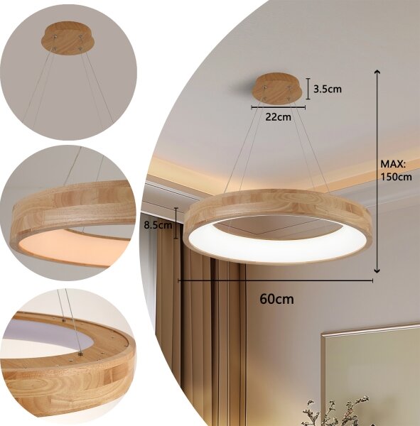 Brilagi - Lustră LED suspendată pe cablu FALCON WOOD, LED/40W/230V, 3000/4000/6000K, 60 cm, lemn