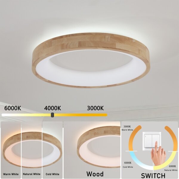 Plafonieră LED Brilagi-LED FALCON WOOD, 40W, 230V, 3 temperaturi de culoare (3000/4000/6000K), 60 cm, corp din lemn