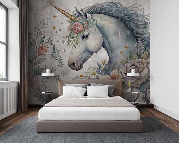 Fototapet Unicorn cu flori și frunze, Fototapet copii, Fototapet populare, u95404 - Tapeko.ro