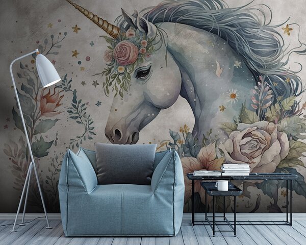 Fototapet Unicorn cu flori și frunze, Fototapet copii, Fototapet populare, u95404 - Tapeko.ro