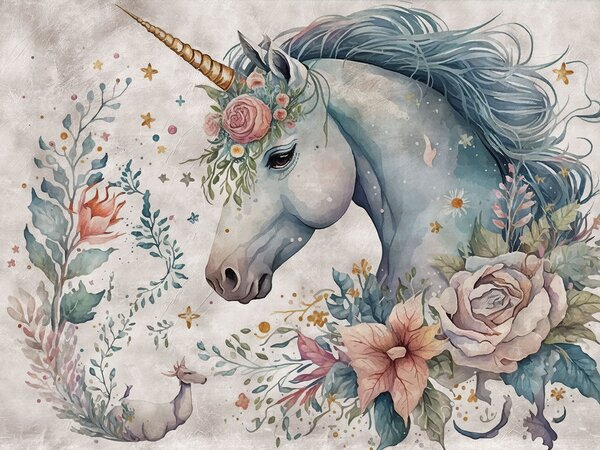 Fototapet Unicorn cu flori și frunze, Fototapet copii, Fototapet populare, u95404 - Tapeko.ro