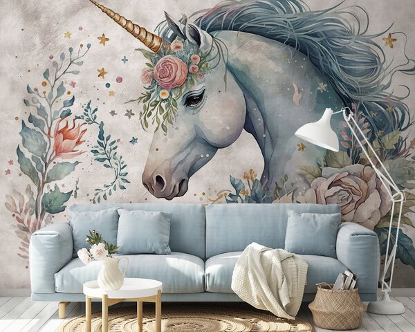 Fototapet Unicorn cu flori și frunze, Fototapet copii, Fototapet populare, u95404 - Tapeko.ro