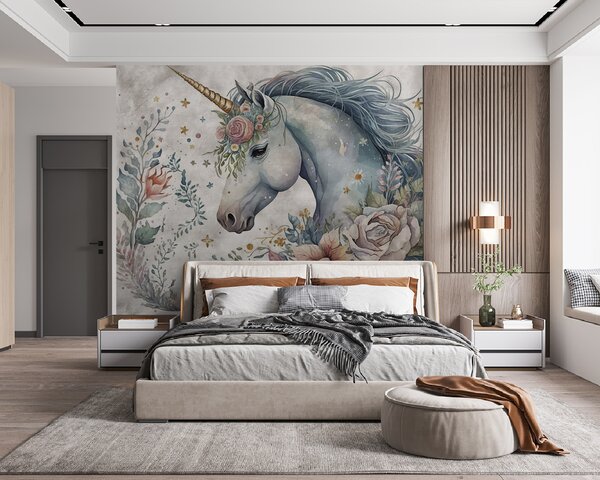 Fototapet Unicorn cu flori și frunze, Fototapet copii, Fototapet populare, u95404 - Tapeko.ro