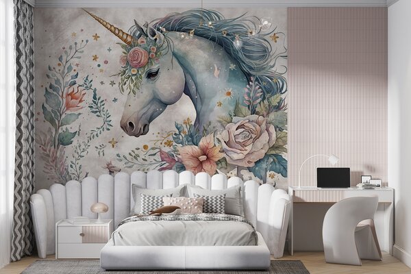 Fototapet Unicorn cu flori și frunze, Fototapet copii, Fototapet populare, u95404 - Tapeko.ro