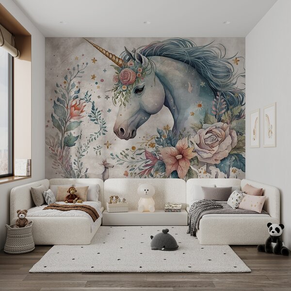 Fototapet Unicorn cu flori și frunze, Fototapet copii, Fototapet populare, u95404 - Tapeko.ro